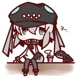 Rule 34 | 10s, 1girl, abyssal ship, alternate costume, aqua eyes, bag, blush, coffee, drink, hat, highres, i-class destroyer, kantai collection, nuu (nu-nyu), short hair, silver hair, sitting, wo-class aircraft carrier