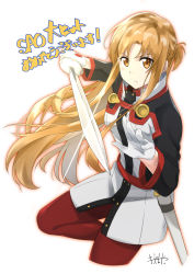 Rule 34 | 1girl, asuna (sao), blonde hair, brown eyes, cropped legs, floating hair, gloves, holding, holding sword, holding weapon, long hair, looking at viewer, murio, pants, red pants, simple background, solo, sword, sword art online, very long hair, weapon, white background, white gloves