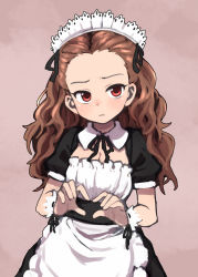 Rule 34 | 1girl, alternate costume, apron, beige background, black dress, black ribbon, blush, breasts, brown hair, cleavage, cleavage cutout, closed mouth, clothing cutout, collar, detached collar, dress, enmaided, forehead, furrowed brow, gazacy (dai), heart, heart hands, highres, idolmaster, idolmaster cinderella girls, light frown, long hair, looking away, maid, maid headdress, puffy short sleeves, puffy sleeves, ribbon, seki hiromi, short sleeves, sketch, small breasts, solo, upper body, waist apron, wavy hair, white apron, white collar, wrist cuffs