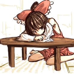 Rule 34 | 1girl, 370ml, armpits, bent over, black hair, bow, brown eyes, detached sleeves, hair bow, hair ornament, hakurei reimu, head on arm, japanese clothes, long hair, looking to the side, miko, red bow, simple background, sitting, sketch, solo, table, tatami, touhou