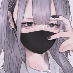 Rule 34 | 1girl, black eyes, black nails, close-up, ear piercing, earrings, finger to head, grey hair, highres, jewelry, looking at viewer, mano aaa, mask, mouth mask, nail polish, original, piercing, solo