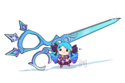 Rule 34 | 1girl, ahoge, anet (anetillust), blue eyes, bow, bowtie, doll, dress, drill hair, full body, green hair, grey dress, gwen (league of legends), hair bow, hair ornament, heterochromia, holding, holding scissors, league of legends, long hair, looking at viewer, pink bow, pink bowtie, red eyes, scissors, smile, solo, star (symbol), twin drills, twintails, x hair ornament