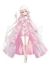 1girl :d absurdres bare_shoulders black_choker blonde_hair blue_eyes braid cevio choker cocktail_glass commentary_request cup dress drinking_glass elbow_gloves full_body gloves grey_footwear hair_between_eyes hand_up head_tilt highres holding holding_cup ia_(vocaloid) long_hair open_mouth pink_dress pink_gloves sample_watermark shoes simple_background single_braid smile sofra solo standing strapless strapless_dress very_long_hair watermark white_background