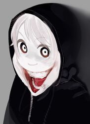 Rule 34 | 1girl, animification, black jacket, cardigan, closed mouth, colored skin, creepypasta, derivative work, drawstring, female focus, genderswap, genderswap (mtf), grey background, happy, hood, hood up, hooded jacket, jacket, jeff the killer, jeff the killer (ai-gen), looking at viewer, optical illusion, original, red cardigan, short hair, sidelocks, simple background, smile, solo, spot color, swept bangs, upper body, v-shaped eyebrows, wamudraws, white eyes, white hair, white skin