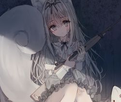 Rule 34 | 1girl, animal ear fluff, animal ears, bandaged arm, bandaged hand, bandages, blush, closed mouth, commentary request, dress, feet out of frame, grey dress, grey eyes, grey hair, gun, hair between eyes, hair intakes, head tilt, holding, holding gun, holding weapon, knees up, light brown hair, long hair, long sleeves, looking at viewer, original, pantyhose, sitting, solo, tail, tail raised, tandohark, thighband pantyhose, torn clothes, torn pantyhose, very long hair, weapon, weapon request, white pantyhose