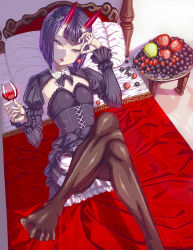 Rule 34 | 1girl, alcohol, alternate costume, apple, black dress, black pantyhose, blush, bob cut, breasts, cherry, corset, crossed legs, cup, dress, drinking glass, eating, eyeliner, fate/grand order, fate (series), feet, food, frills, fruit, fruit bowl, grapes, highres, horns, juliet sleeves, knees up, kusakabe eria, legs, long sleeves, looking at viewer, lying, makeup, on back, on bed, oni, open mouth, pantyhose, pillow, puffy sleeves, purple eyes, purple hair, short eyebrows, short hair, shrug (clothing), shuten douji (fate), skin-covered horns, small breasts, smile, solo, strawberry, wine, wine glass