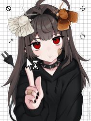 Rule 34 | 1girl, ahoge, animal, animal on head, bandaid, bandaid on cheek, bandaid on face, bandaid on hand, black hoodie, black nails, brown hair, bug, cable, cable tail, collar, commentary, cursor, drawstring, ear piercing, electric plug tail, grid background, hair intakes, hand up, highres, hood, hood down, hoodie, index finger raised, insect, long hair, long sleeves, looking at viewer, mechanical tail, mole, mole under eye, moth, nail polish, on head, original, outline, parted lips, piercing, red eyes, ringed eyes, solo, spiked collar, spikes, tail, tail raised, upper body, vickie (cryingrobot), vickie (cryingrobot) (character), white background, white outline