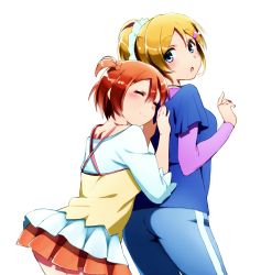 Rule 34 | 10s, 2girls, ^ ^, ass, ayase eli, bad id, bad pixiv id, blonde hair, blue eyes, blue shirt, blush, casual, closed eyes, dobasisi, dress, hair bobbles, hair ornament, hairclip, highres, hoshizora rin, kasa list, love live!, love live! school idol festival, love live! school idol project, multiple girls, one side up, open mouth, orange hair, pants, ponytail, shirt, short hair, side ponytail, simple background, smile, track pants, white background
