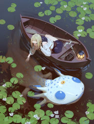 Rule 34 | afloat, bare shoulders, black shirt, blue eyes, boat, box, braid, commentary, creature, english commentary, flower, from above, highres, jacket, lantern, lily (flower), lily pad, long sleeves, looking at another, looking down, off-shoulder jacket, off shoulder, original, outdoors, outstretched hand, paddle, parted bangs, pointy ears, pond, pouch, shirt, sleeveless, sleeveless shirt, timbougami, vial, watercraft, white jacket