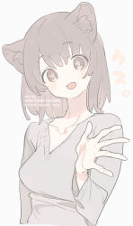 Rule 34 | 1girl, animal ear fluff, animal ears, brown eyes, brown hair, cat ears, cat girl, commentary request, grey pupils, grey shirt, hand up, head tilt, highres, kinutani yutaka, long sleeves, looking at viewer, medium hair, open mouth, original, shirt, simple background, solo, translation request, upper body, white background