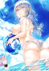Rule 34 | 2girls, absurdres, arm up, ass, ball, bare shoulders, beachball, bikini, blue eyes, blue sky, blurry, blurry background, blush, breasts, butt crack, closed mouth, day, from behind, hands up, highres, holding, kou mashiro, large breasts, long hair, multiple girls, open mouth, original, outdoors, page number, partially submerged, pink hair, scan, see-through, silver hair, skindentation, sky, sunlight, swimsuit, thighs, water, water drop, wet, white bikini