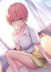 Rule 34 | 1girl, asymmetrical hair, bison cangshu, blue eyes, blush, breasts, cardigan, cardigan around waist, cleavage, clothes around waist, cowboy shot, curtains, desk, go-toubun no hanayome, green skirt, highres, large breasts, legs, lips, looking at viewer, nakano ichika, open window, parted lips, pink hair, pleated skirt, school uniform, short hair, sitting, skirt, solo, thighs, window