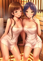 Rule 34 | 2girls, :d, arm support, bare arms, bare shoulders, blue hair, blush, breasts, brown eyes, brown hair, cleavage, collarbone, hayami kanade, highres, idolmaster, idolmaster cinderella girls, indoors, leaning to the side, long hair, looking at viewer, medium breasts, multiple girls, naked towel, nazu-na, nitta minami, open mouth, parted bangs, parted lips, sauna, shiny skin, short hair, sitting, smile, sweat, swept bangs, towel, wet, yellow eyes