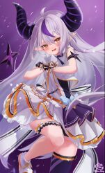 Rule 34 | 1girl, absurdres, ahoge, arm strap, asymmetrical legwear, black horns, black thighhighs, blush, braid, braided bangs, breasts, gloves, grey hair, highres, hololive, hololive idol uniform, horns, la+ darknesss, long hair, looking at viewer, multicolored hair, official alternate costume, open mouth, pointy ears, purple hair, ribbon, shiro kikurage, skirt, skirt set, small breasts, smile, streaked hair, striped horns, thighhighs, virtual youtuber, white footwear, white gloves, wrist cuffs