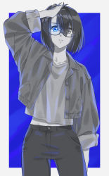 Rule 34 | 1girl, absurdres, bad id, bad pixiv id, banana oekaki, blue background, blue eyes, coat, glasses, greyscale, greyscale with colored background, hair between eyes, hand in own hair, hand on own head, heterochromia, highres, kamikoshi sorawo, looking at viewer, monochrome, pants, short hair, solo, standing, urasekai picnic