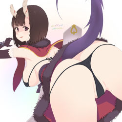Rule 34 | 1girl, ass, baba arumi, bikini, black bikini, black gloves, bob cut, breasts, broken horn, brown hair, capelet, dated, demon girl, demon horns, elbow gloves, eriko (princess connect!), from behind, fur-trimmed capelet, fur trim, gloves, horns, large breasts, looking at viewer, partially visible vulva, princess connect!, purple eyes, red capelet, short hair, signature, smile, solo, spiked tail, swimsuit, tail
