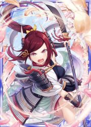 Rule 34 | 1girl, akkijin, armor, blue sky, breasts, cherry blossoms, floral print, hair ribbon, holding, holding weapon, japanese armor, japanese clothes, lance, medium breasts, official art, open mouth, petals, polearm, ponytail, red eyes, red hair, ribbon, shinkai no valkyrie, sky, weapon, yellow ribbon