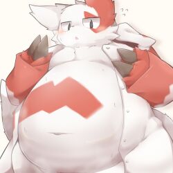 Rule 34 | blush, claws, creatures (company), fat, game freak, gen 3 pokemon, grey eyes, highres, looking at viewer, navel, nintendo, pokemon, pokemon (creature), red fur, simple background, solo, two-tone fur, white background, white fur, xennochan, zangoose