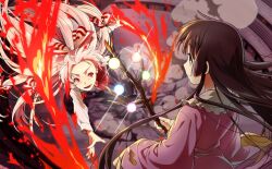 Rule 34 | 2girls, arena, black eyes, black hair, blunt bangs, bow, branch, closed mouth, collar, collared shirt, crater, eyelashes, fighting, fire, frilled shirt collar, frilled sleeves, frills, from behind, fujiwara no mokou, game cg, hair bow, hair lift, holding, holding branch, houraisan kaguya, ishizuka miyuki, jeweled branch of hourai, long hair, long sleeves, looking at another, lower teeth only, multiple girls, multiple hair bows, official art, ofuda, ofuda on clothes, open mouth, outstretched arms, pants, pink shirt, pyrokinesis, red eyes, red pants, red trim, shirt, sidelocks, sleeves past wrists, smile, smoke, straight hair, teeth, touhou, touhou cannonball, v-shaped eyebrows, very long hair, white bow, white collar, white hair, white shirt, wide sleeves