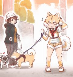 Rule 34 | ..., 10s, 2girls, ?, animal ears, black hair, blush, bucket hat, coat, collared shirt, commentary request, dog, dog (shiba inu) (kemono friends), dog ears, dog tail, elbow gloves, flying sweatdrops, fur trim, gloves, hand in own hair, harness, hat, heart, highres, hood, hood down, kemono friends, leash, light brown hair, long sleeves, mojibake commentary, multicolored hair, multiple girls, necktie, original, pants, partial commentary, pug, shiba inu, shirt, shoes, short hair, short sleeves, shorts, sneakers, socks, spoken ellipsis, sweatdrop, t-shirt, tail, tanaka kusao, white hair