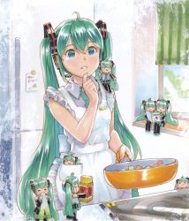 Rule 34 | 6+girls, = =, ahoge, apron, aqua eyes, aqua hair, aqua neckwear, bare shoulders, black legwear, black skirt, black sleeves, book, bottle, clone, commentary, cookbook, cooking, detached sleeves, eating, finger to own chin, fridge note, frilled apron, frills, frying pan, green necktie, grey shirt, hair ornament, hatsune miku, headphones, headset, holding, holding frying pan, in pocket, indoors, kitchen, long hair, magnet, mayo riyo, mini person, minigirl, multiple girls, necktie, note, open book, parted lips, pleated skirt, pointing, reading, refrigerator, shared book, shirt, sitting, skirt, sleeveless, sleeveless shirt, spice, spring onion, spring onion print, sticky note, thighhighs, thinking, translated, twintails, very long hair, vocaloid, white apron, window