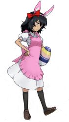 Rule 34 | 1girl, alternate costume, andou (girls und panzer), animal ears, apron, black hair, black skirt, bow, brown eyes, brown footwear, closed mouth, collared dress, commentary, dark-skinned female, dark skin, dress, easter, easter egg, egg, fake animal ears, frilled apron, frills, girls und panzer, hair bow, hand on own hip, holding, kayabakoro, loafers, looking to the side, medium dress, medium hair, messy hair, oversized object, pink apron, puffy short sleeves, puffy sleeves, rabbit ears, red bow, shoes, short sleeves, simple background, skirt, smile, solo, standing, white background, white dress