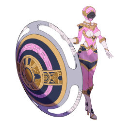 Rule 34 | 1girl, absurdres, armored boots, bodysuit, boots, breasts, catball1994, chouriki sentai ohranger, full body, gloves, helmet, high heel boots, high heels, highres, hip vent, holding, holding shield, huge weapon, impossible bodysuit, impossible clothes, large breasts, long sleeves, miniskirt, momo maruo, ohpink, overskirt, pink bodysuit, pink skirt, see-through, see-through skirt, shield, simple background, skirt, solo, standing, super sentai, tokusatsu, weapon, white background, white footwear, white gloves