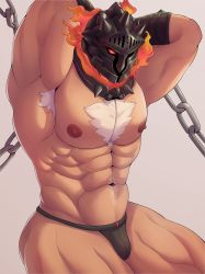 Rule 34 | 1boy, abs, absurdres, armpit hair, armpits, arms behind back, bara, black male underwear, breath, bulge, chain, chained, chain, chest hair, collar, dark-skinned male, dark skin, erection, feet out of frame, fire, gauntlets, glowing, glowing eyes, helmet, highres, jockstrap, large pectorals, male focus, male underwear, metal collar, muscular, muscular male, navel, nipples, pectorals, solo, stomach, surtr (housamo), thick thighs, thighs, tokyo houkago summoners, topless male, uiokv, underwear, underwear only