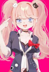 Rule 34 | 1girl, :d, bear hair ornament, black bra, black necktie, black shirt, blue eyes, bow, bra, breasts, cleavage, danganronpa: trigger happy havoc, danganronpa (series), enoshima junko, hair ornament, hand up, highres, large breasts, minase (wakame 07280), necktie, open mouth, pink background, red bow, shirt, shirt bow, short sleeves, simple background, smile, solo, teeth, tongue, two-tone necktie, underwear, white necktie