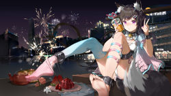 Rule 34 | 1girl, absurdres, aerial fireworks, animal ear fluff, animal ears, arm belt, barefoot, bell, black choker, black hair, blouse, blue jacket, blue thighhighs, blush, bodhi wushushenghua, breasts, chinese commentary, choker, city, commentary request, crazy straw, cup, drinking straw, feet, fireworks, gradient clothes, gradient jacket, hands up, heart straw, highres, holding, holding cup, jacket, jingle bell, knees up, leg strap, long hair, looking at viewer, medium breasts, nail polish, neck bell, night, original, outdoors, panties, parted lips, pink jacket, purple eyes, purple nails, see-through, see-through legwear, shirt, short sleeves, single thighhigh, sitting, soles, solo, tail, thigh strap, thighhighs, toes, underwear, v, white panties, white shirt