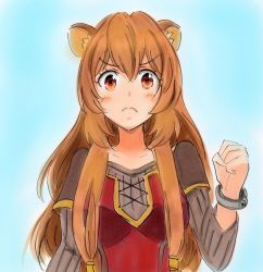 Rule 34 | 1girl, animal ear fluff, animal ears, blush, bracelet, breasts, brown eyes, brown hair, clenched hand, commentary, frown, hair between eyes, highres, jewelry, long hair, looking at viewer, marker (medium), potekite, raccoon ears, raccoon girl, raphtalia, red eyes, short twintails, small breasts, tate no yuusha no nariagari, traditional media, twintails