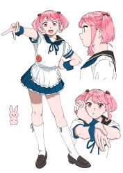 Rule 34 | 1girl, apron, badge, blue skirt, brown footwear, frilled apron, frills, full body, hair bobbles, hair ornament, hand on own hip, highres, kantai collection, loafers, ojipon, pink hair, pleated skirt, puffy short sleeves, puffy sleeves, rabbit, red eyes, sazanami (kancolle), sazanami kai (kancolle), school uniform, serafuku, shoes, short hair, short sleeves, skirt, smile, socks, solo, twintails, upper body, waist apron, white apron, white socks, wrist cuffs