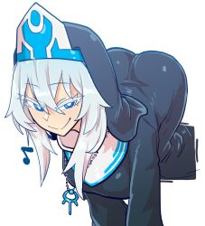 Rule 34 | 1girl, all fours, ass, bad source, black robe, blue eyes, breasts, closed mouth, doggystyle, hanging breasts, large breasts, long hair, musical note, neck, nose, nun, original, robe, sex from behind, smile, tenk, traditional nun, white background, white hair
