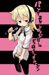 Rule 34 | 1girl, black background, black eyes, black pants, black ribbon, blonde hair, collared shirt, copyright name, cropped legs, ear piercing, half-closed eyes, hand up, hiromi (punk teen), holding, holding microphone, jitome, kasa (hitori sanka), long hair, looking at viewer, microphone, midriff peek, multicolored hair, neck ribbon, pants, piercing, pink background, punk teenage girl death rock &#039;n&#039; roll heaven, ribbon, shirt, short sleeves, solo, standing, streaked hair, striped background, thumb in beltline, tongue, tongue out, translation request, two-tone background, undone neck ribbon, white shirt