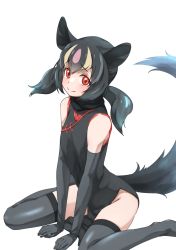 Rule 34 | 1girl, absurdres, aye-aye (kemono friends), bare shoulders, between legs, black dress, black gloves, black hair, black neckwear, black thighhighs, blonde hair, china dress, chinese clothes, commentary request, dress, elbow gloves, gloves, hand between legs, highres, kemono friends, lemur ears, lemur girl, lemur tail, looking at viewer, multicolored hair, pink hair, red eyes, scarf, short hair, sitting, sleeveless, solo, streaked hair, tanabe (fueisei), thighhighs, twintails, wariza, zettai ryouiki