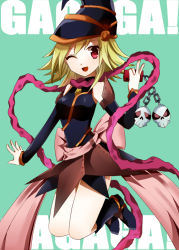 Rule 34 | 1girl, bare shoulders, blonde hair, breasts, cellphone, cellphone charm, cellphone strap, charm (object), detached sleeves, duel monster, dya, gagaga girl, gloves, hat, large breasts, long hair, looking at viewer, one eye closed, open mouth, phone, red eyes, skull, smile, solo, wink, wizard hat, yu-gi-oh!, yu-gi-oh! zexal, yuu-gi-ou, yuu-gi-ou zexal
