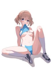 Rule 34 | 1girl, absurdres, alternate hairstyle, bandaid, bandaids on nipples, bare shoulders, blue buruma, blue eyes, blush, breasts, buruma, clothes in mouth, clothes lift, commentary, grey hair, highres, idolmaster, idolmaster shiny colors, kneehighs, lifted by self, looking at viewer, mouth hold, navel, no bra, pasties, serizawa asahi, shirt in mouth, shirt lift, shoes, short hair, short twintails, simple background, sitting, small breasts, sneakers, socks, solo, spread legs, sweat, tank top, td (tandeom97), twintails, underboob, white background, white socks