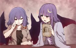 Rule 34 | 2girls, alternate costume, bat wings, blunt bangs, blush, book, brown jacket, collarbone, commentary request, crescent, crescent hair ornament, dress, eyebrows, hair ornament, heart, highres, holding, holding book, jacket, light purple hair, long hair, long sleeves, looking to the side, motion lines, multiple girls, no headwear, open clothes, open jacket, open shirt, patchouli knowledge, puffy short sleeves, puffy sleeves, purple eyes, red eyes, remilia scarlet, rubbing eyes, sad, shirt, short sleeves, sketch, squiggle, striped clothes, striped dress, table, terimayo, touhou, tsurime, unbuttoned, upper body, very long hair, wavy mouth, wide sleeves, wings, yuri