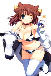 Rule 34 | 1girl, absurdres, animal, animal print, bell, bikini, blue eyes, blush, boots, bottle, breast press, breasts, brown hair, choker, cleavage, collar, cow, cow girl, cow print, elbow gloves, gloves, hair bell, hair ornament, highres, large breasts, milk, milk bottle, one eye closed, print bikini, side-tie bikini bottom, skindentation, smile, solo, star (symbol), string bikini, swimsuit, thigh boots, thighhighs, tomose shunsaku, tongue, white background, white thighhighs, wink