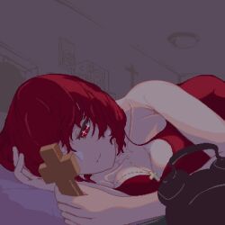 Rule 34 | 1girl, alarm clock, breasts, cleavage, clock, cross, cross-shaped pupils, dress, holding, holding cross, looking at object, medium breasts, nukekip, okazaki yumemi, on bed, pixel art, red dress, red eyes, red hair, short hair, simple background, sleeveless, sleeveless dress, symbol-shaped pupils, touhou, touhou (pc-98)