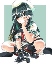 Rule 34 | 1girl, ammunition belt, armor, black gloves, black legwear, blush, boots, cape, closed mouth, commentary, eyepatch, flat cap, full body, gloves, unworn gloves, gradient hair, green eyes, green hair, green sailor collar, hat, head rest, indian style, kantai collection, kiso (kancolle), kiso kai ni (kancolle), looking at viewer, multicolored hair, neckerchief, red neckerchief, sagamiso, sailor collar, school uniform, serafuku, short sleeves, sitting, solo