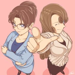 Rule 34 | 2girls, blue skirt, blue suit, brown hair, brown skirt, commentary, crossed arms, formal, from above, glasses, hair bun, highres, jewelry, kisaki eri, kudou yukiko, long hair, meitantei conan, multiple girls, necklace, one eye closed, pearl necklace, pink background, pointing, pointing at viewer, skirt, smile, sooma4869, suit