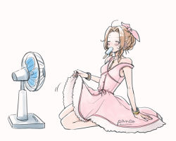 Rule 34 | 1girl, aerith gainsborough, ancotsubu, bare arms, blush, bow, bracelet, choker, closed eyes, collarbone, dress, electric fan, fan, fanning crotch, final fantasy, final fantasy vii, final fantasy vii remake, food, hair bow, hair ribbon, hair up, jewelry, kneeling, long dress, necklace, pink dress, popsicle, ribbon, solo, square enix, sweat, sweatdrop, white background