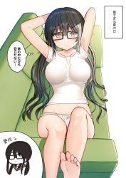 Rule 34 | 1girl, arms behind head, arms up, barefoot, black-framed eyewear, black hair, blush, bow, bow panties, breasts, closed mouth, collarbone, commentary request, couch, glasses, grey eyes, hair between eyes, highres, kurata rine, low twintails, lying, medium breasts, multiple views, no pants, on back, on couch, original, panties, pillow, shirt, short sleeves, simple background, soles, sweat, translation request, twintails, underwear, white background, white panties, white shirt