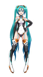 Rule 34 | 1girl, bare shoulders, boots, elbow gloves, full body, gloves, green eyes, green hair, hand on own hip, hatsune miku, headset, high heels, highres, leotard, long hair, matching hair/eyes, oonishi shunsuke, pigeon-toed, race queen, racing miku, shoes, simple background, solo, thighhighs, twintails, very long hair, vocaloid, white background