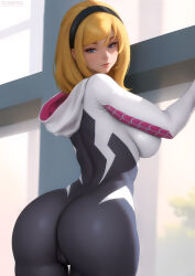 Rule 34 | 1girl, ass, blonde hair, breasts, flowerxl, gwen stacy, large breasts, looking at viewer, marvel, skin tight, solo, spider-gwen, spider-man (series)