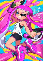 Rule 34 | 1girl, abstract background, ass, blue eyes, commentary request, commission, dolphin shorts, dual wielding, eyebrow cut, full body, gun, hair ornament, hairclip, highres, holding, holding gun, holding weapon, inkling, inkling girl, inkling player character, kellymae, long hair, multicolored background, nintendo, one eye closed, pink footwear, pink trim, pointy ears, print shirt, shirt, shorts, skeb commission, sleeveless, sleeveless shirt, smile, solo, splat dualies (splatoon), splatoon (series), splatoon 3, teeth, tentacle hair, thank you, weapon, white shirt