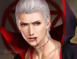 Rule 34 | 1boy, akatsuki uniform, artist name, blood, blood in mouth, blood on face, commentary request, hair slicked back, hidan (naruto), male focus, naruto (series), naruto shippuuden, open mouth, pink eyes, realistic, russian commentary, short hair, solo, stitched neck, stitches, teeth, uniform, watermark, web address, white hair, zetsuai89