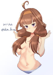 Rule 34 | 1girl, absurdres, blue eyes, blunt bangs, bob cut, breasts, cowboy shot, dabu dora, dated, hairband, highres, inverted bob, kantai collection, kongou (kancolle), looking at viewer, one-piece swimsuit, panties, red hair, school swimsuit, short hair, small breasts, solo, striped clothes, striped panties, swimsuit, tiara, twitter username, underwear, white one-piece swimsuit