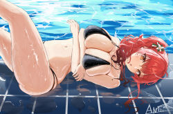 Rule 34 | 1girl, anti kumo, arms under breasts, azur lane, bikini, black bikini, breasts, cleavage, from side, highres, knee up, long hair, looking at viewer, looking to the side, lying, navel, on back, open mouth, orange eyes, pool, poolside, red hair, revision, shiny skin, side ponytail, skindentation, solo, swimsuit, thighs, water, wet, wet clothes, wet hair, wet swimsuit, zara (azur lane), zara (poolside coincidence) (azur lane)